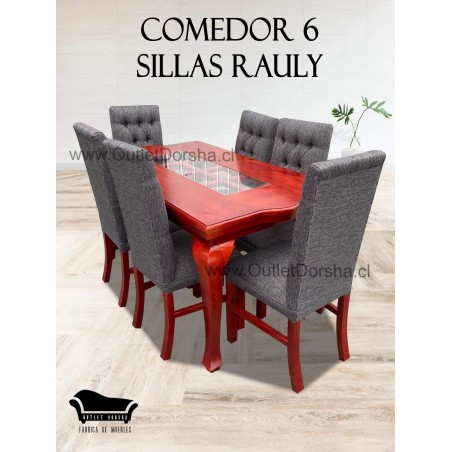 Comedor de 6 sillas Capitones Rectangular Normando Tablon Rojo Lino Gris