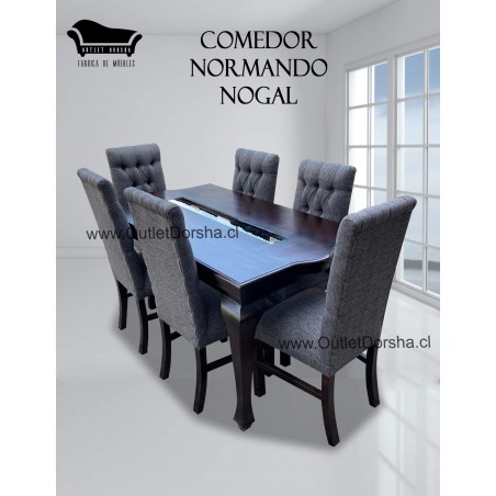 Comedor Rectangular 6 Sillas Capitones 1 Vidrio Central Tablon Ensamblado Lino Gris
