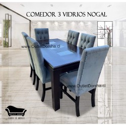 Comedor Rectangular 6 Sillas Capitones 3 Vidrios Centrales Tablon Ensamblado Felpa Gris