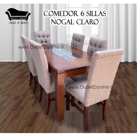 Comedor Rectangular de 6 Sillas Capitones Trilach Lino Beige Tablon Fijo