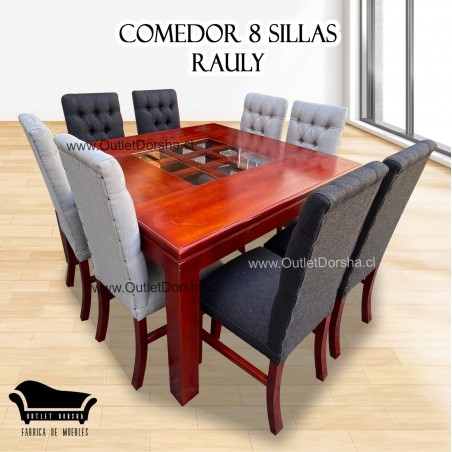 Comedor Cuadrado 8 sillas Capitones 1 Vidrio Central Trilach Madera Tablon Rojo grises