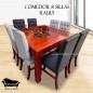 Comedor Cuadrado 8 sillas Capitones 1 Vidrio Central Trilach Madera Tablon Rojo grises