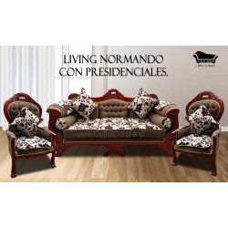 Juego de Living Sofa Normando 3 Cuerpos Imperial Con Presidenciales Premium Madera Roja Lino Bronce