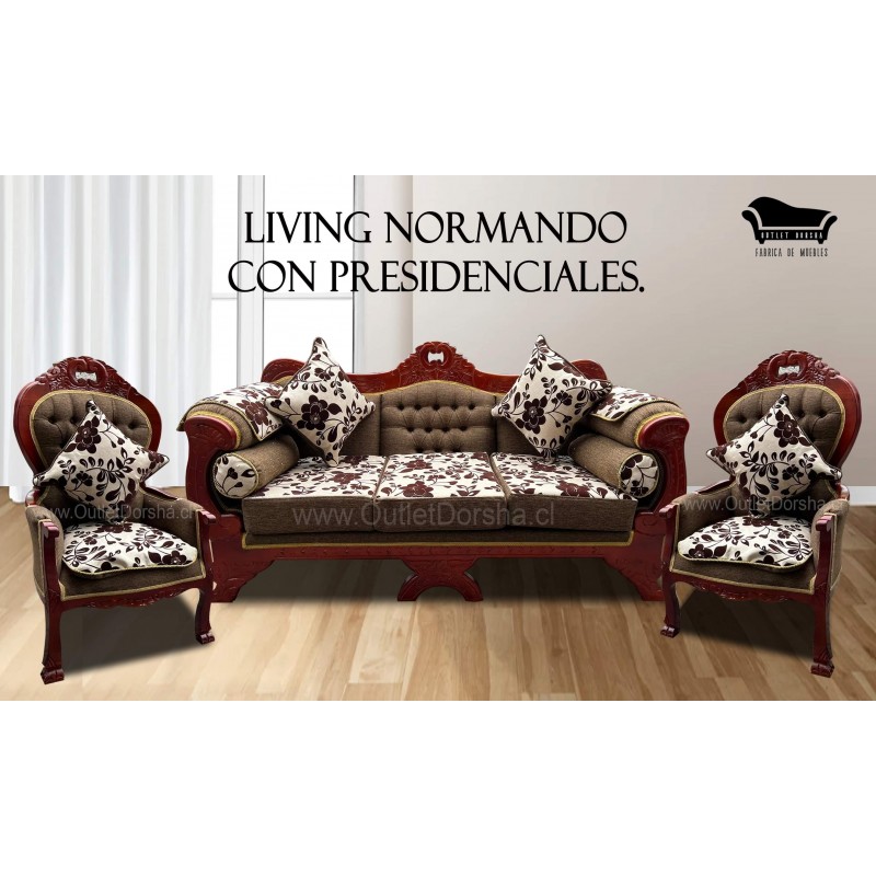 Juego de Living Sofa Normando 3 Cuerpos Imperial Con Presidenciales Premium Madera Roja Lino Bronce
