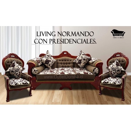Juego de Living Sofa Normando 3 Cuerpos Imperial Con Presidenciales Premium Madera Roja Lino Bronce