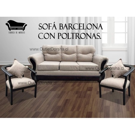 Juego De Living Sofa Barcelona 3 cuerpos Con Poltronas De Madera Solidas.