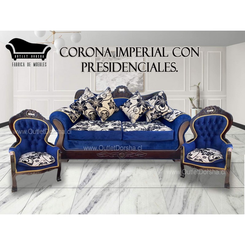Sofa 3 Cuerpos Corona Con presidenciales Imperial Felpa Azul