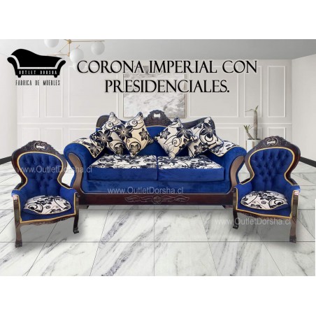 Sofa 3 Cuerpos Corona Con presidenciales Imperial Felpa Azul