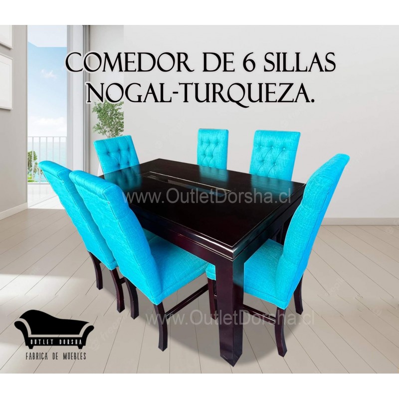 Comedor de 6 sillas Capitones Rectangular Lino Turqueza Vidrio Central Comedor de 6 sillas Capitones Rectangular Lino Turqueza Vidrio Central