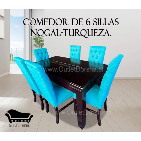 Comedor de 6 sillas Capitones Rectangular Lino Turqueza Vidrio Central
