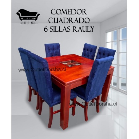 Comedor 6 sillas Cuadrado barnizado Rauli Tablero Con Vidrio Central