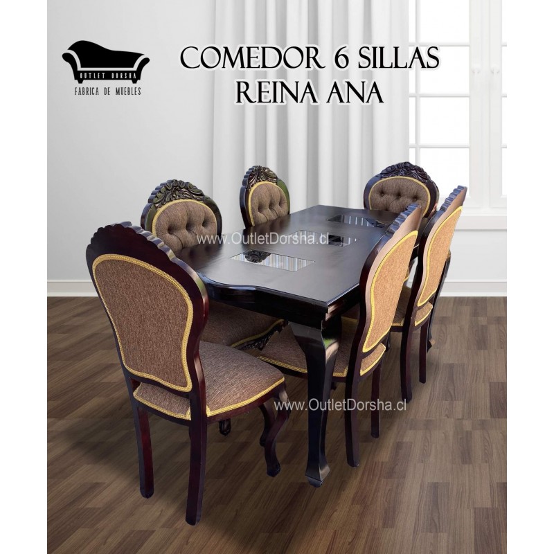 Comedor 6 Sillas Reina ana 3 Vidrios Tallado Elegante