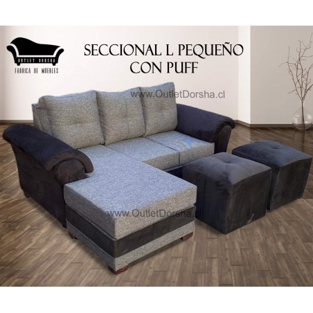 living Seccional L Pequeño Con Puff Felpa Combinado Con Lino Gris
