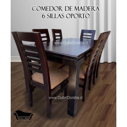 Comedor Rectangular de Madera Gruesa 6 Sillas Modelo Oporto Baniz Oscuro Sin Vidrio