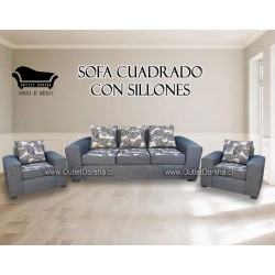 Juego De Living Sofa 3 Cuerpos Cuadrado Con Sillones Individuales Lino Gris