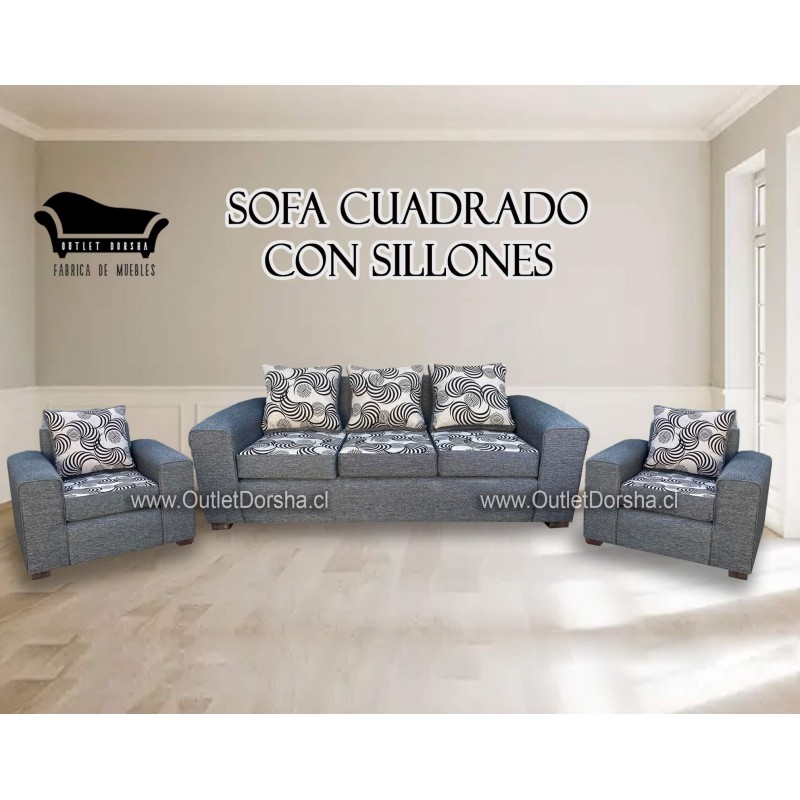 Juego De Living Sofa 3 Cuerpos Cuadrado Con Sillones Individuales Lino Gris