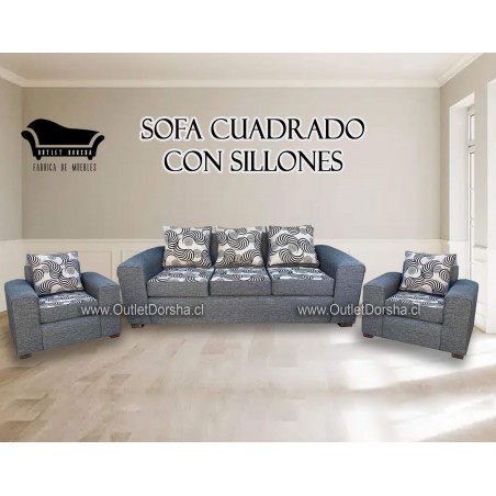 Juego De Living Sofa 3 Cuerpos Cuadrado Con Sillones Individuales Lino Gris
