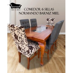 Comedor Recatngular 6 Sillas Capitones Flor Gris Normando Barnizado Miel