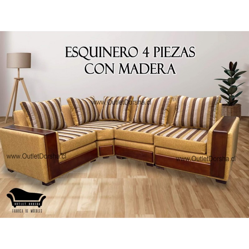 Esquinero 4 Piezas Con Madera Lino Combinado Reacomodable Resortes Mostaza Esquinero 4 Piezas Con Madera Lino Combinado Reacomodable Resortes Mostaza