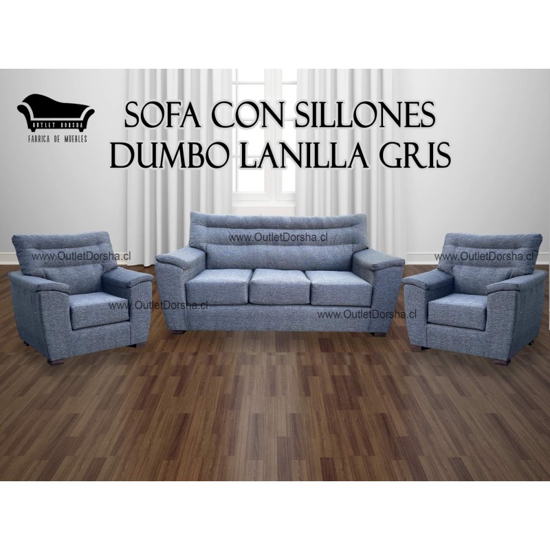 Sofa 3 Cuerpos Con Dos Sillones Dumbo Lanilla Gris