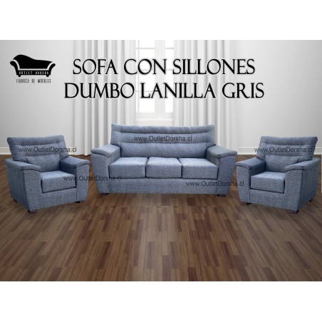Sofa 3 Cuerpos Con Dos Sillones Dumbo Lanilla Gris