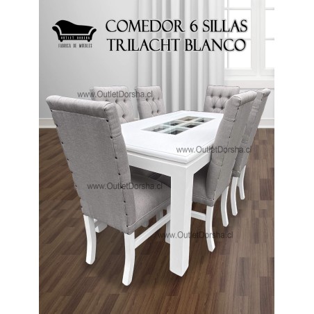 Comedor Rectangular 6 Sillas Capitones Color blanco Lino gris Invierno Con Vidrio Central Trilach.