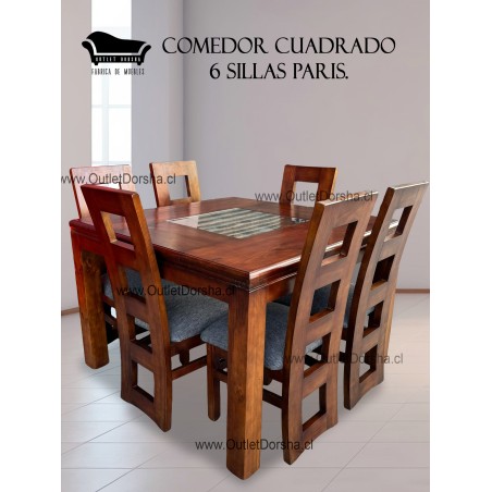 Comedor Cuadrado 6 sillas Estilo Paris Tablon solido Moderno