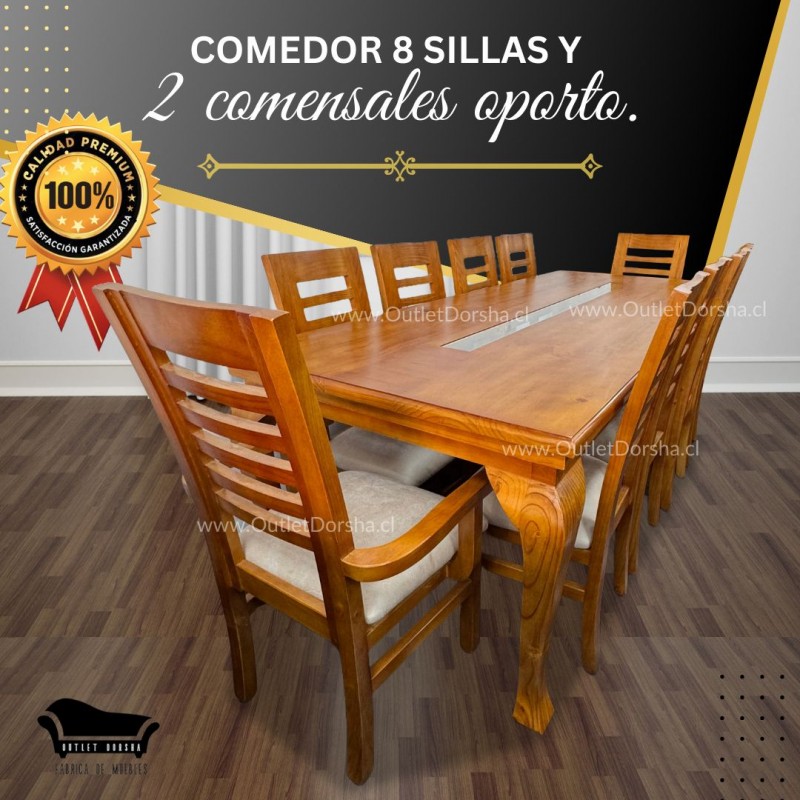 Comedor Rectangular 8 sillas y 2 Comensales Oporto En tablon Grueso Pu Eco Beige