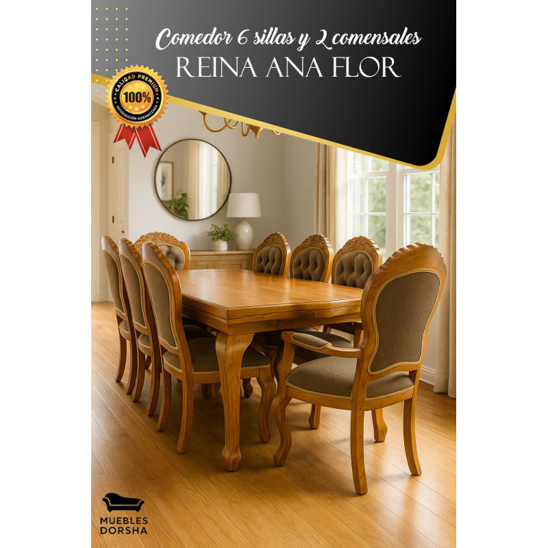 Comedor 6 sillas y 2 comensales reina ana tallado flor tablon artesanal