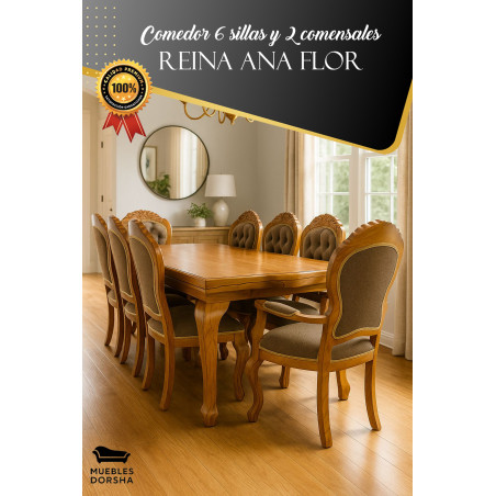Comedor 6 sillas y 2 comensales reina ana tallado flor tablon artesanal